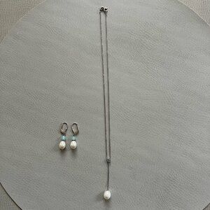 Necklace & Earrings set - Costume jewelry silver, aquamarine stones & pearls